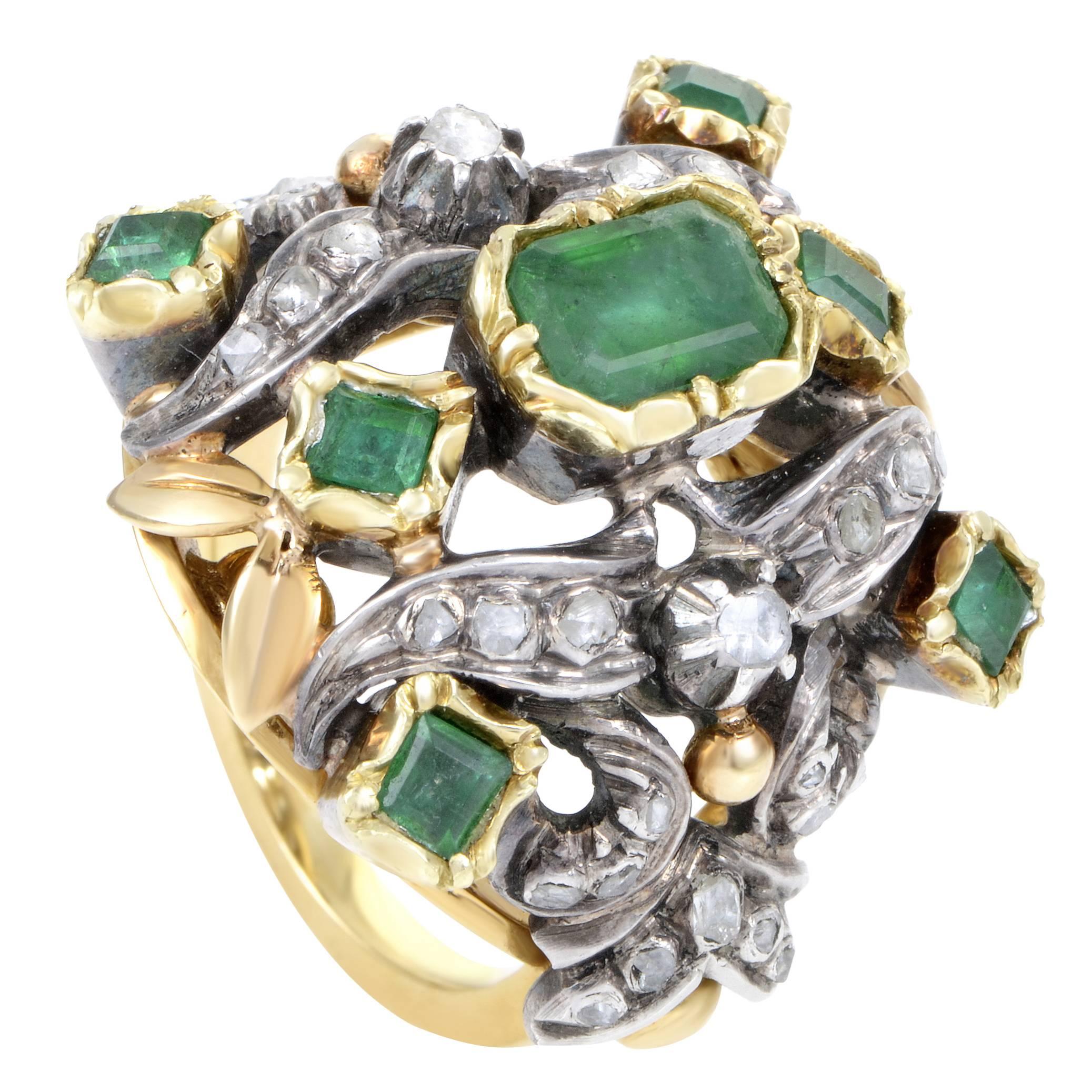 Antique Diamond Emerald Yellow Gold Silver Cocktail Ring
