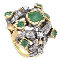 Antique Diamond Emerald Yellow Gold Silver Cocktail Ring 5
