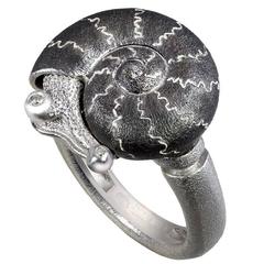 Diamond & Black Silver Textured Snail Ring by Alex Soldier. Handmade in NYC.