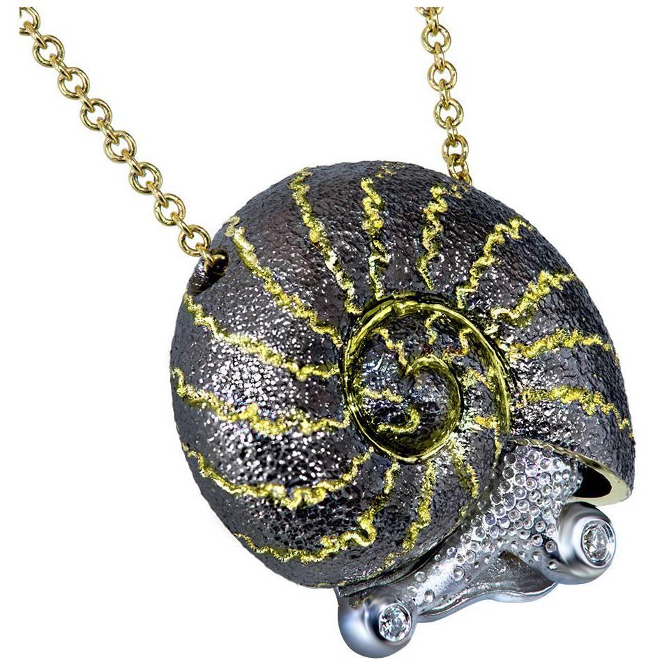 Alex Soldier Diamond Blackened Gold Snail Pendant Necklace on Gold Chain Ltd Ed 