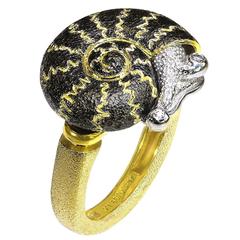Diamond Yellow Blackened Gold Signature Texture Snail Ring Handmade in NYC Ltd E