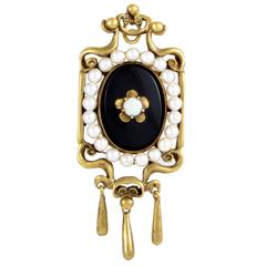 Victorian Pearl Onyx Opal Yellow Gold Pendant/Brooch