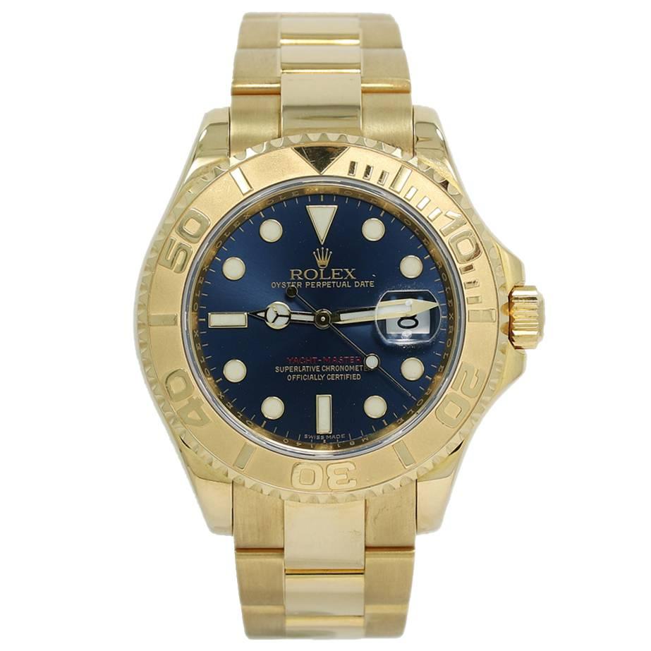 Rolex Yachtmaster Blue Dial 16628 Yellow Gold 2007 Box, Papers and Card For Sale
