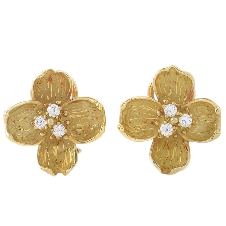 Tiffany & Co. Dogwood Diamond Gold Flower Earrings 
