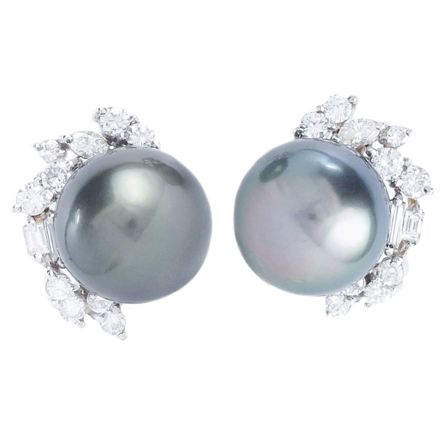Tahitian Pearl Fancy Cut Diamond White Gold Earrings For Sale