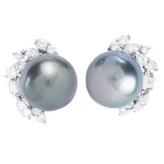 Tahitian Pearl Fancy Cut Diamond White Gold Earrings