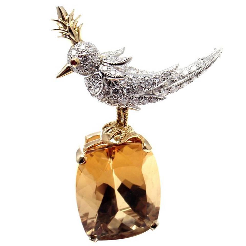 Tiffany & Co Schlumberger 56ct Citrine Diamond Bird on a Rock Yellow Gold Brooch