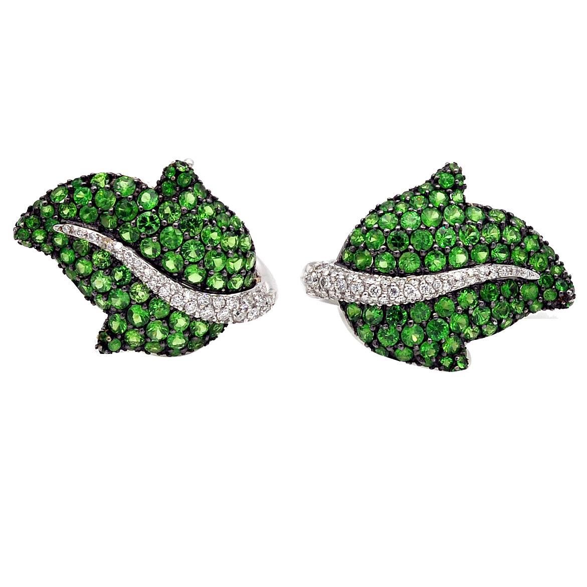 Tsavorite and Diamond Leaf Earrings For Sale