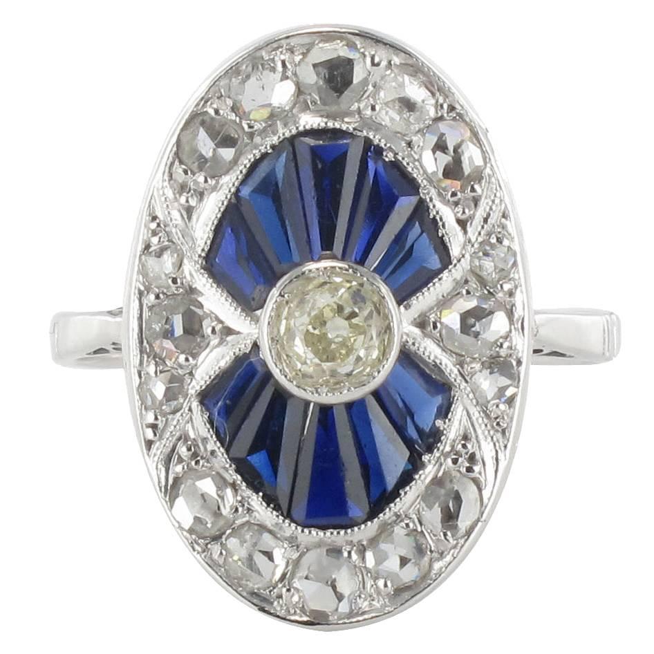French Art deco Calibrated Sapphire and Diamond Ring