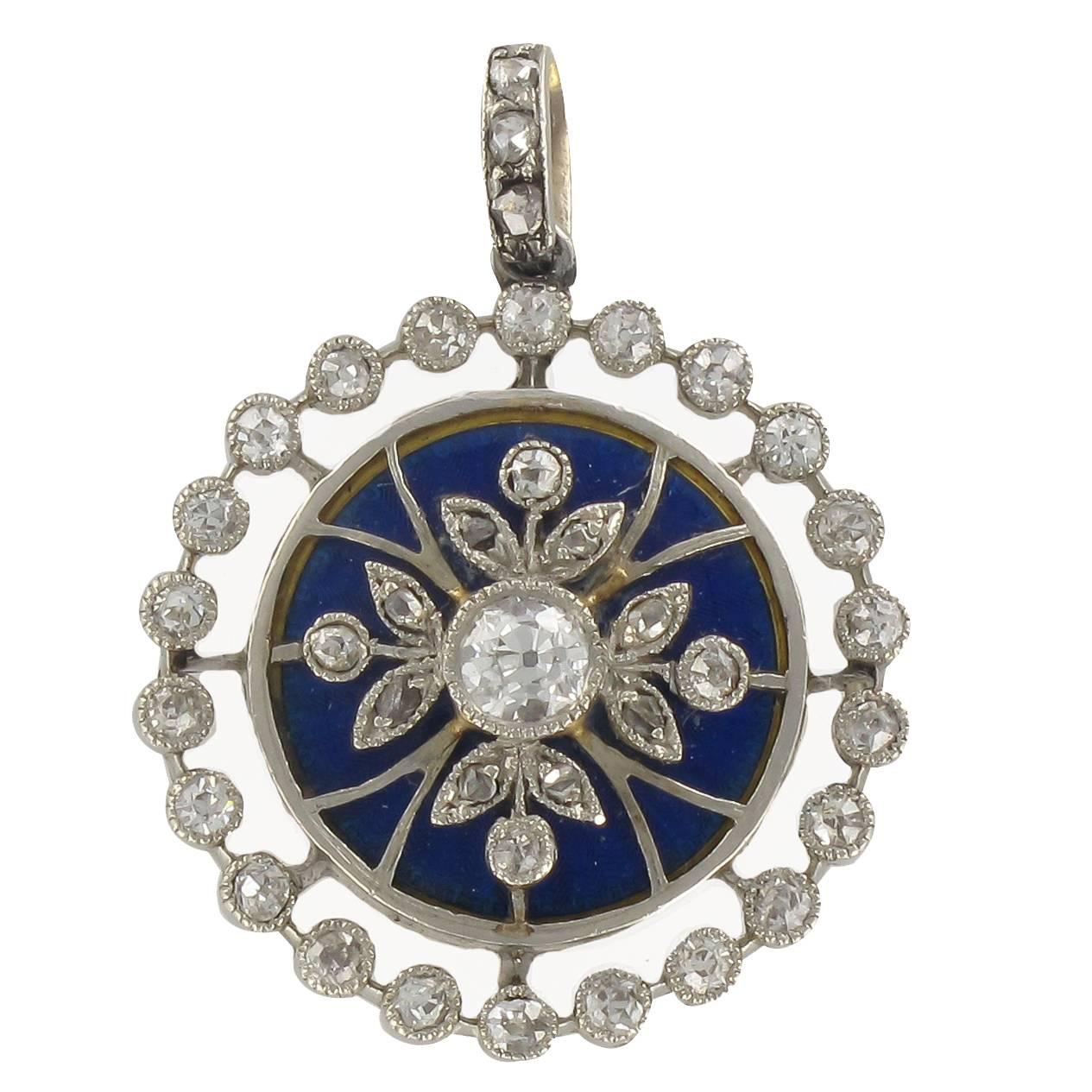 Französischer antiker Medaillon-Anhänger mit Diamant und blauem Emaille