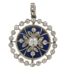 French Antique Diamond and Blue Enamel Medallion Locket Pendant 