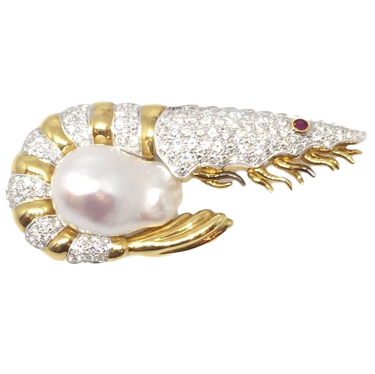 Diamond  Baroque Pearl Shrimp Brooch For Sale