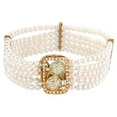 Masriera Diamond Five-Strand Pearl Enamel Gold Bracelet