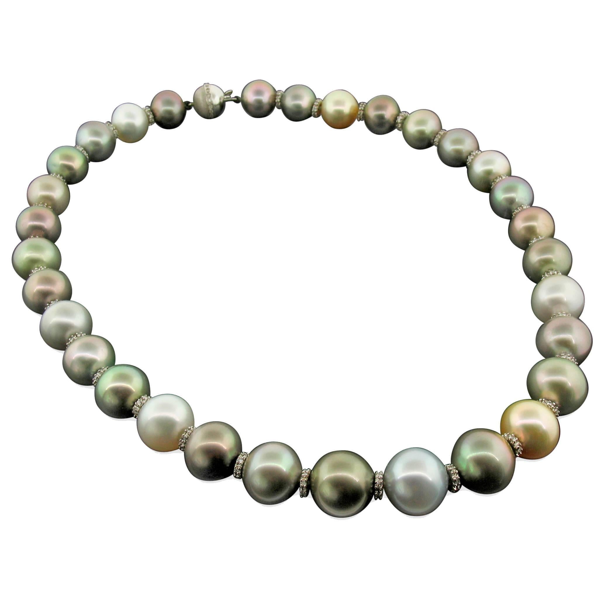 Multicolor Tahitian, South Sea Pearl & Diamond Necklace For Sale