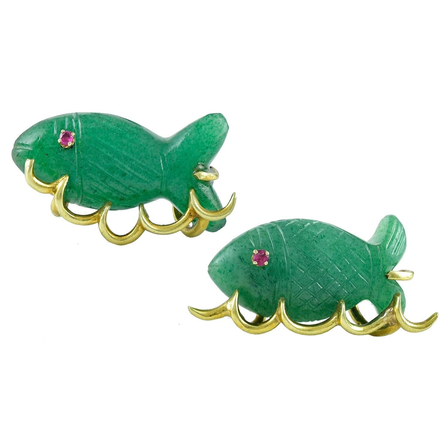 Pair of  Pins --Gold  and Jadeite Fish  Swimming In The Sea For Sale