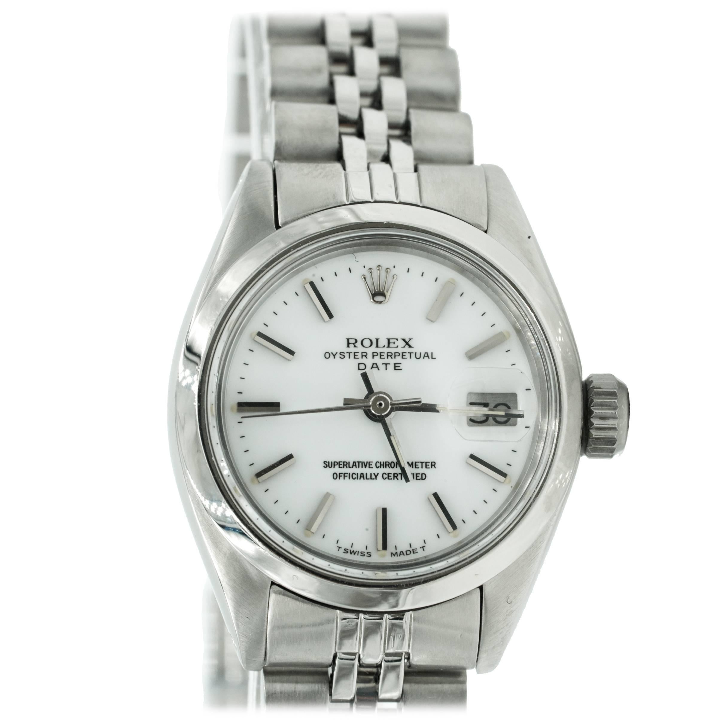 1977 Vintage Ladies Rolex Date Oyster Perpetual Stainless Steel White Dial