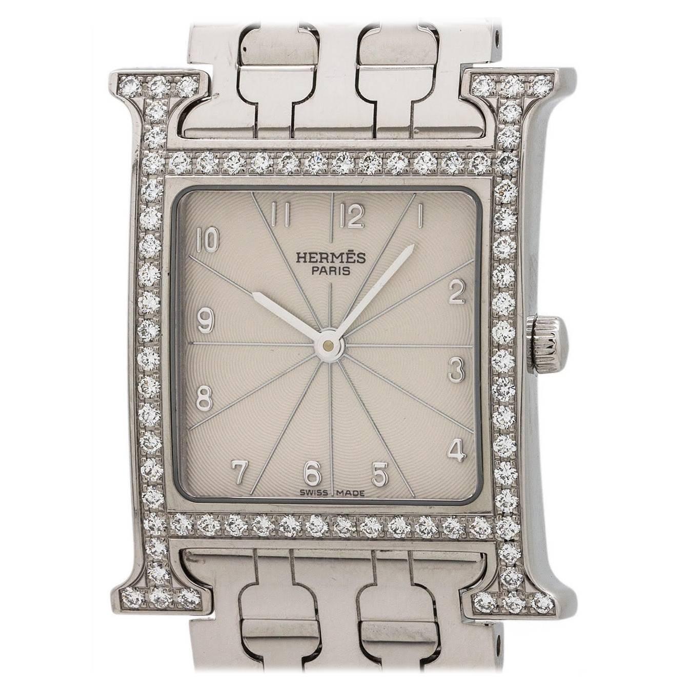 Hermes Stainless Steel Diamond Heure H ref. HH1.530 For Sale