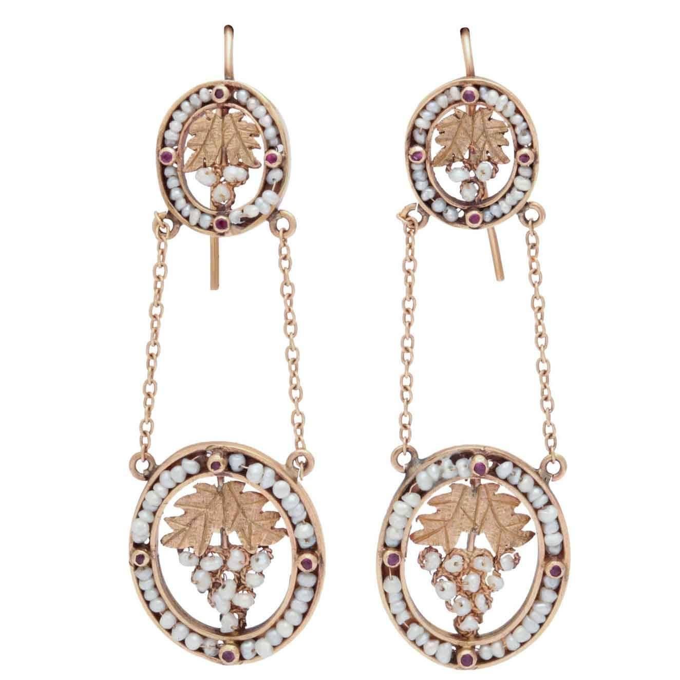 Antique Victorian Natural Pearl Gold Chandelier Earrings