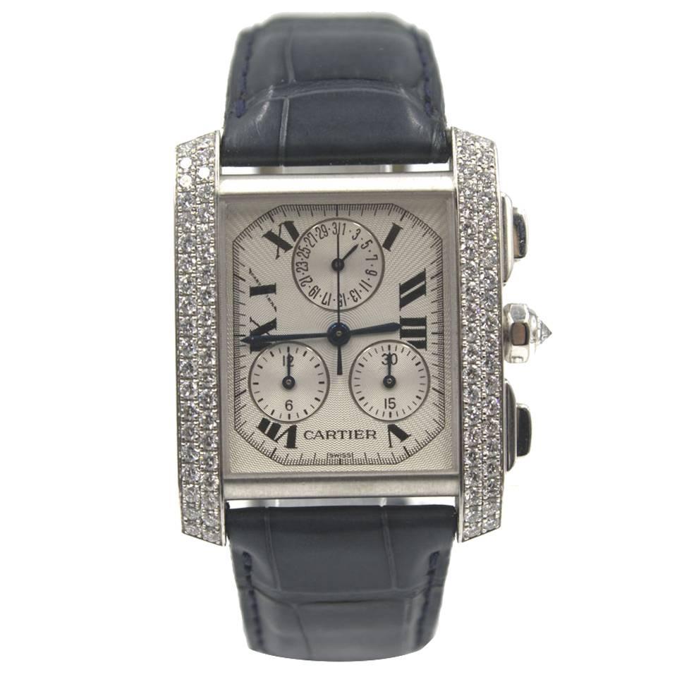 Cartier: 18 Karat Weißgold Schwarzer Band mit Tank Francaise Chronoflex-Diamanten und Diamanten