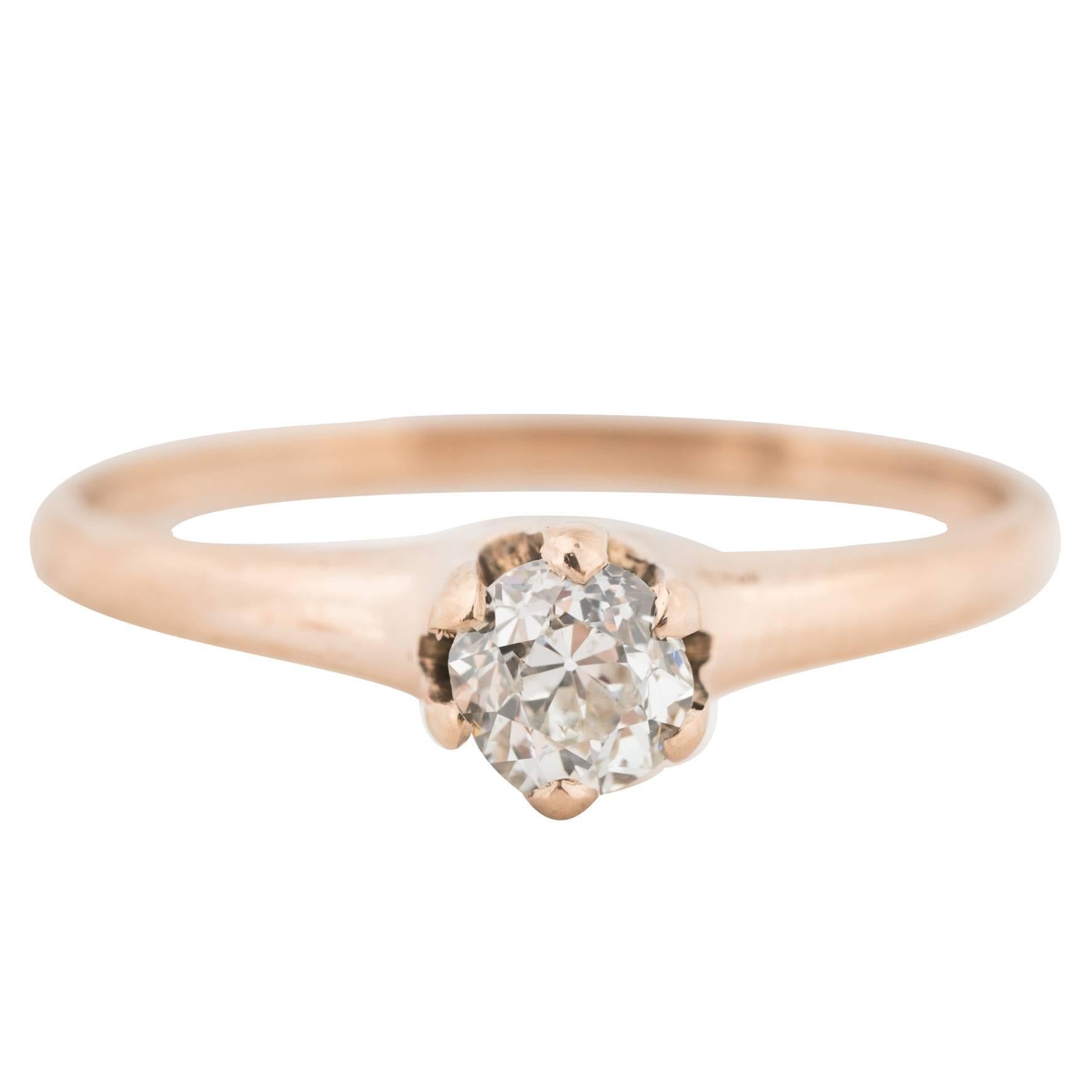 1900s Edwardian .32 Carat Old Miner Diamond 9 Karat Rose Gold Engagement Ring For Sale