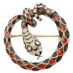 Dramatic Victorian Diamond Enameled Snake Brooch
