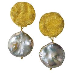 Silver & Gold Textured Drop Dangle Clip-on Pearl Earrings by Alex Soldier