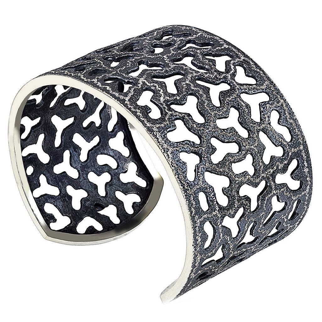 Silver and Dark Platinum Textured Openwork Cuff Bracelet by Alex Soldier. Ltd Ed