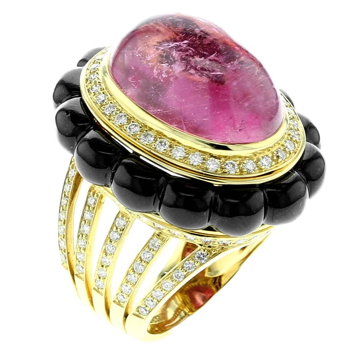 Tourmaline, Black Jade and Diamond Gold Ring