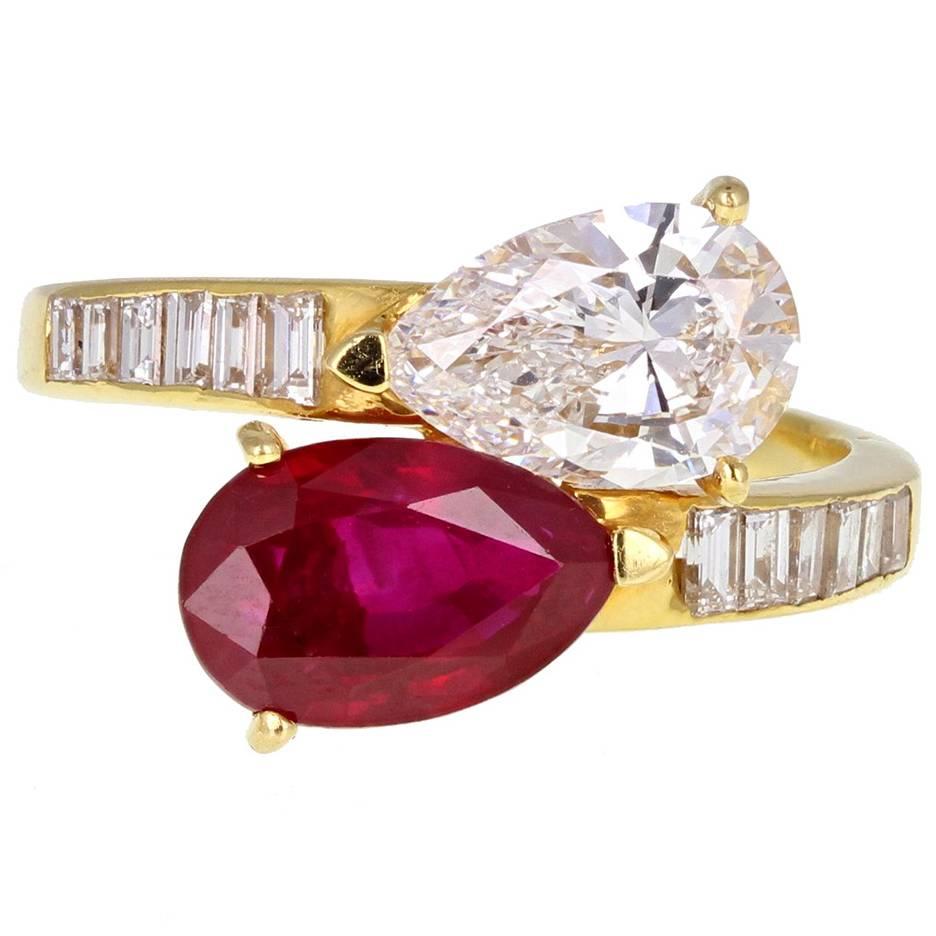 Pear Shaped Burma Ruby Diamond Toi et Moi Gold Ring