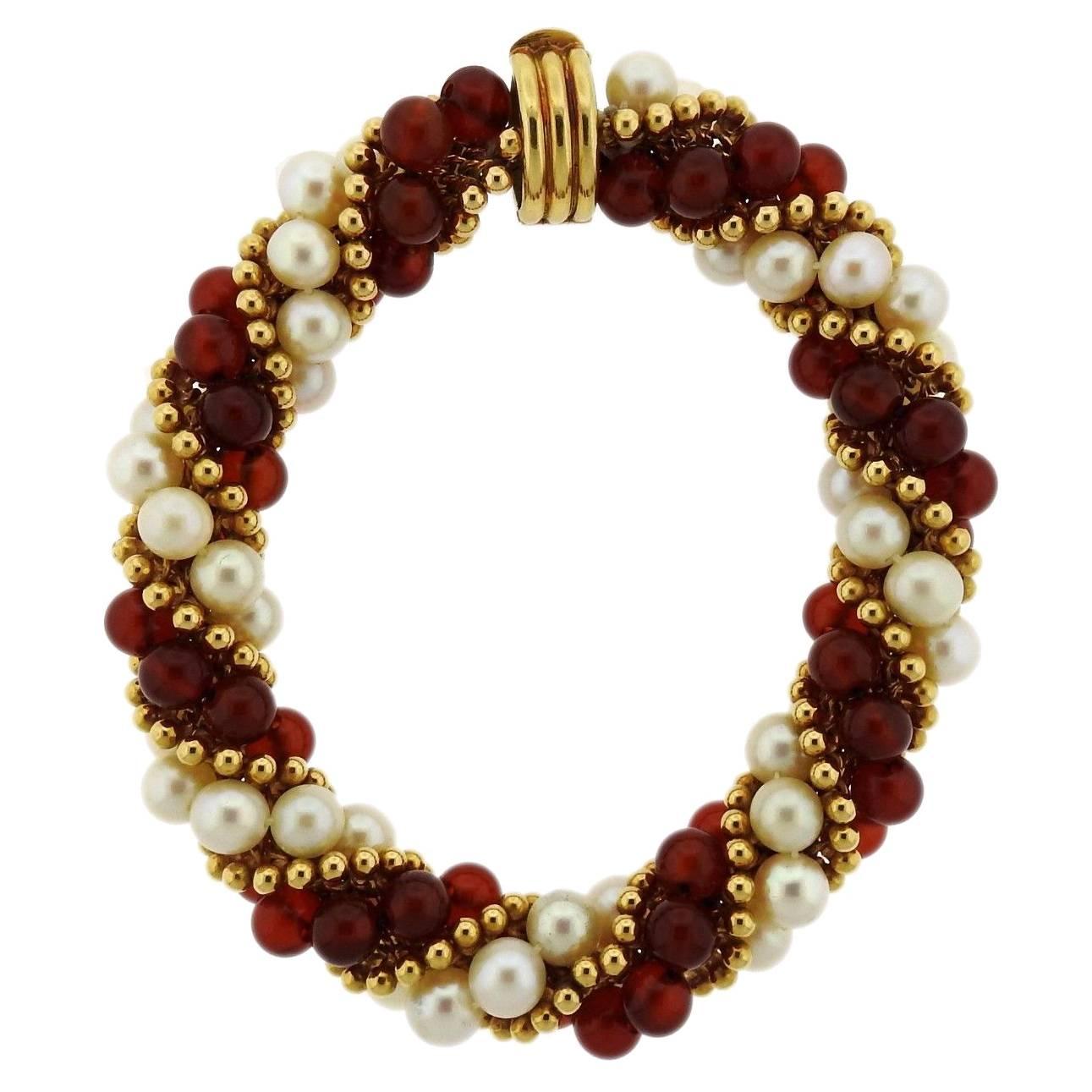 1960s Gold Pearl Carnelian Twist Bracelet