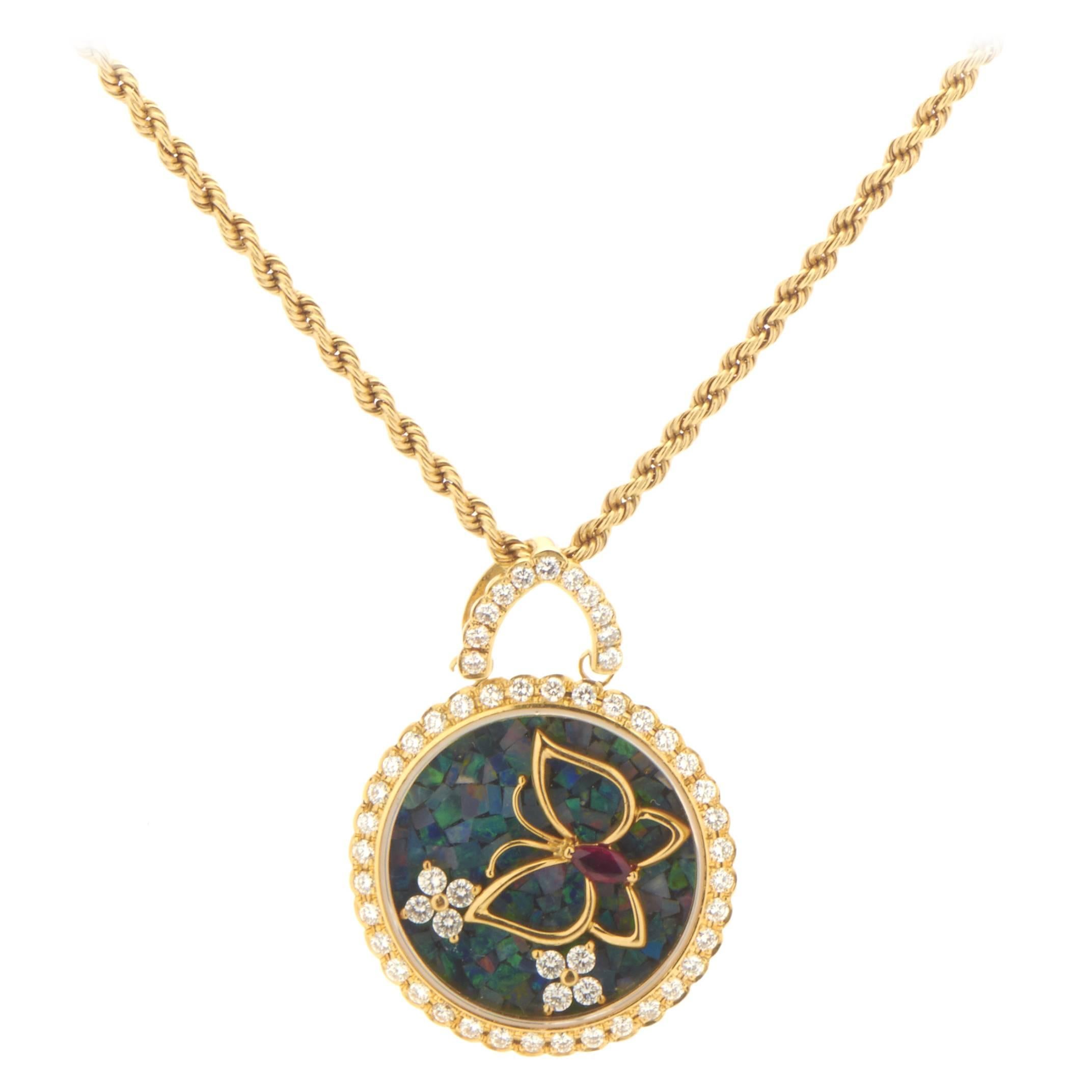 Waltham Diamond Ruby Opal Yellow Gold Pendant Necklace