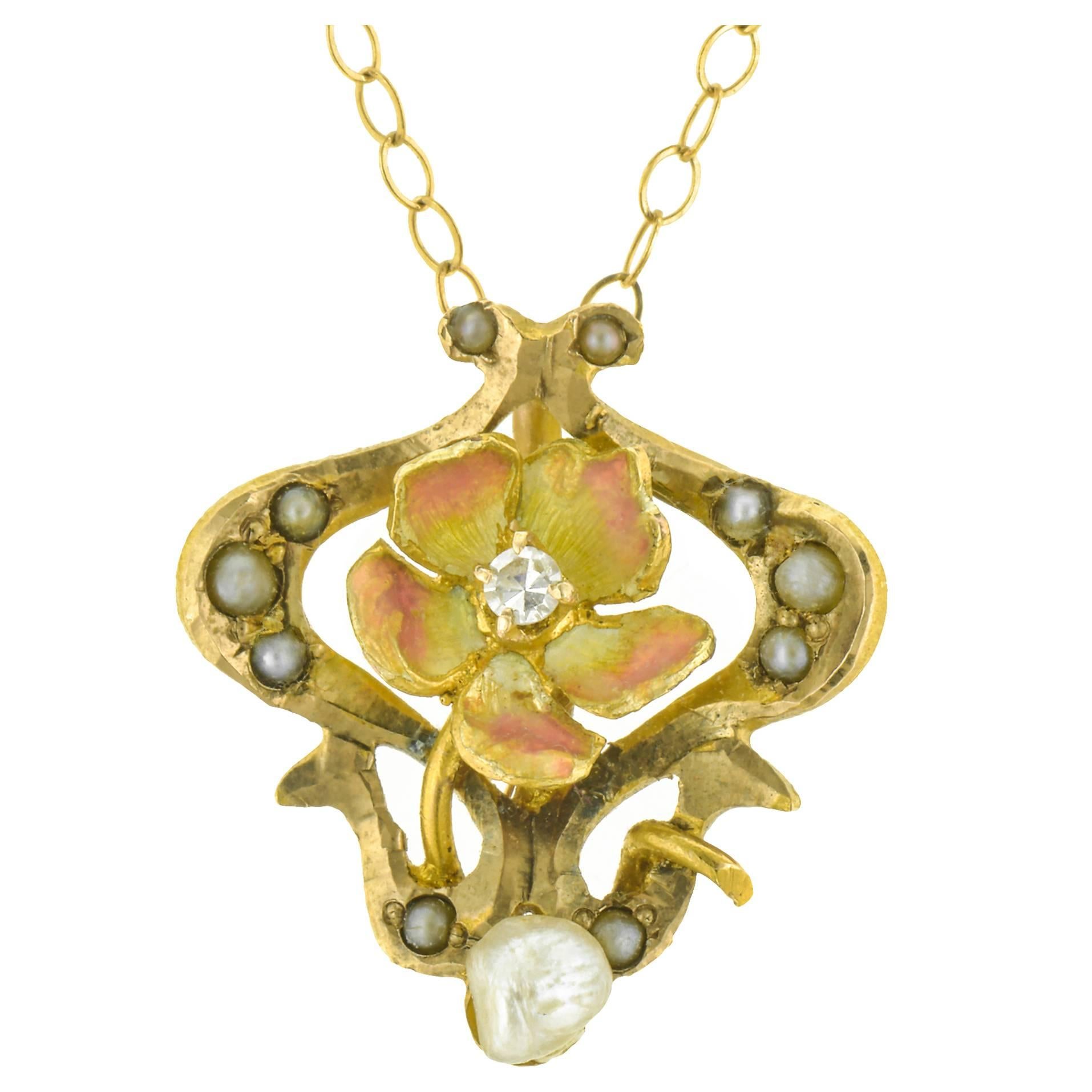 Art Nouveau Seed Pearl, Enamel, and Diamond Flower Slide Pendant