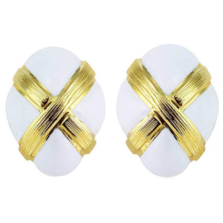 David b White Enamel Gold Clip Earrings For Sale at 1stDibs david