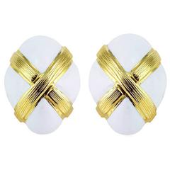David Webb White Enamel Gold Clip Earrings