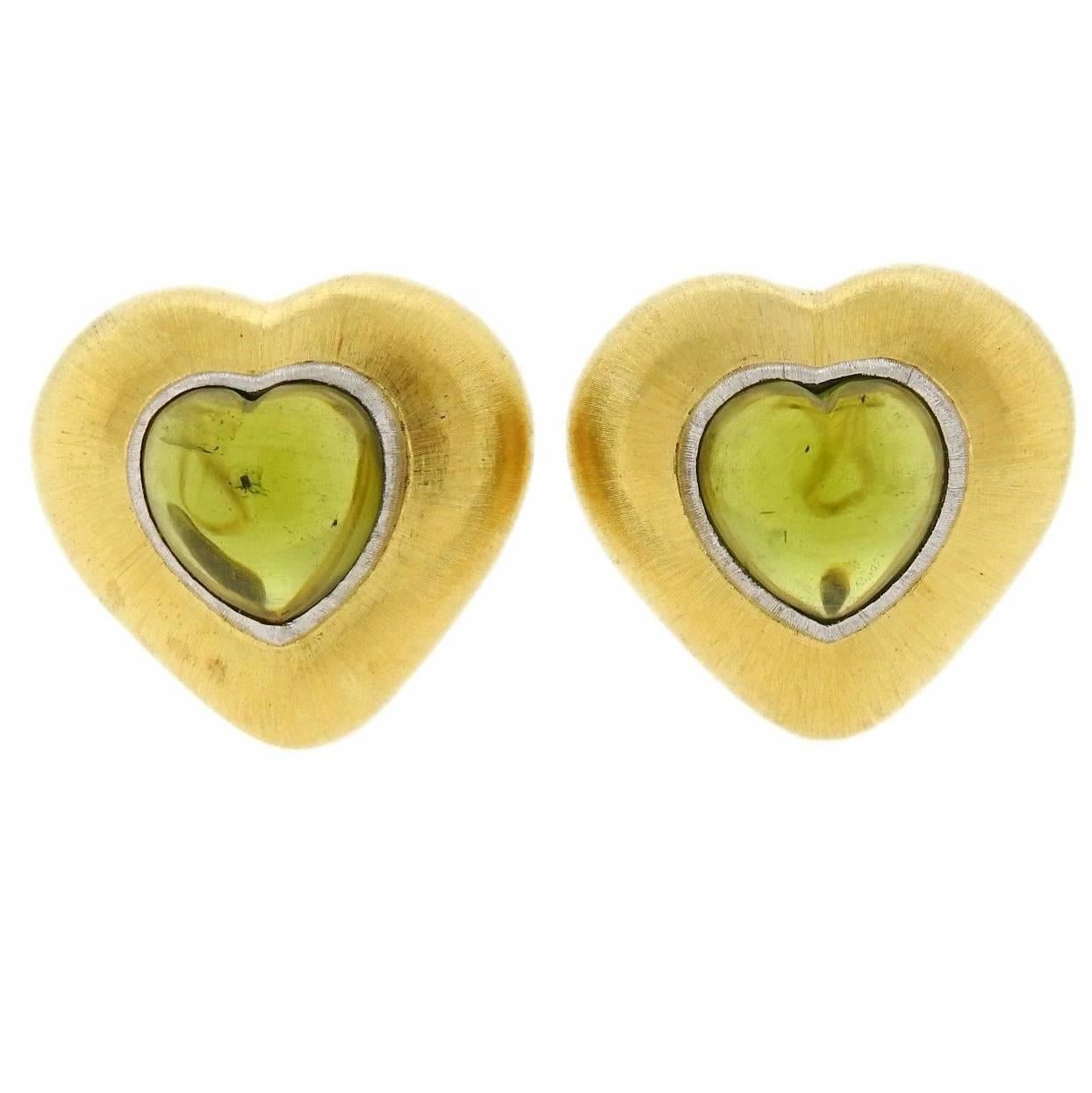 Buccellati Two Color Gold Peridot Heart Earrings For Sale