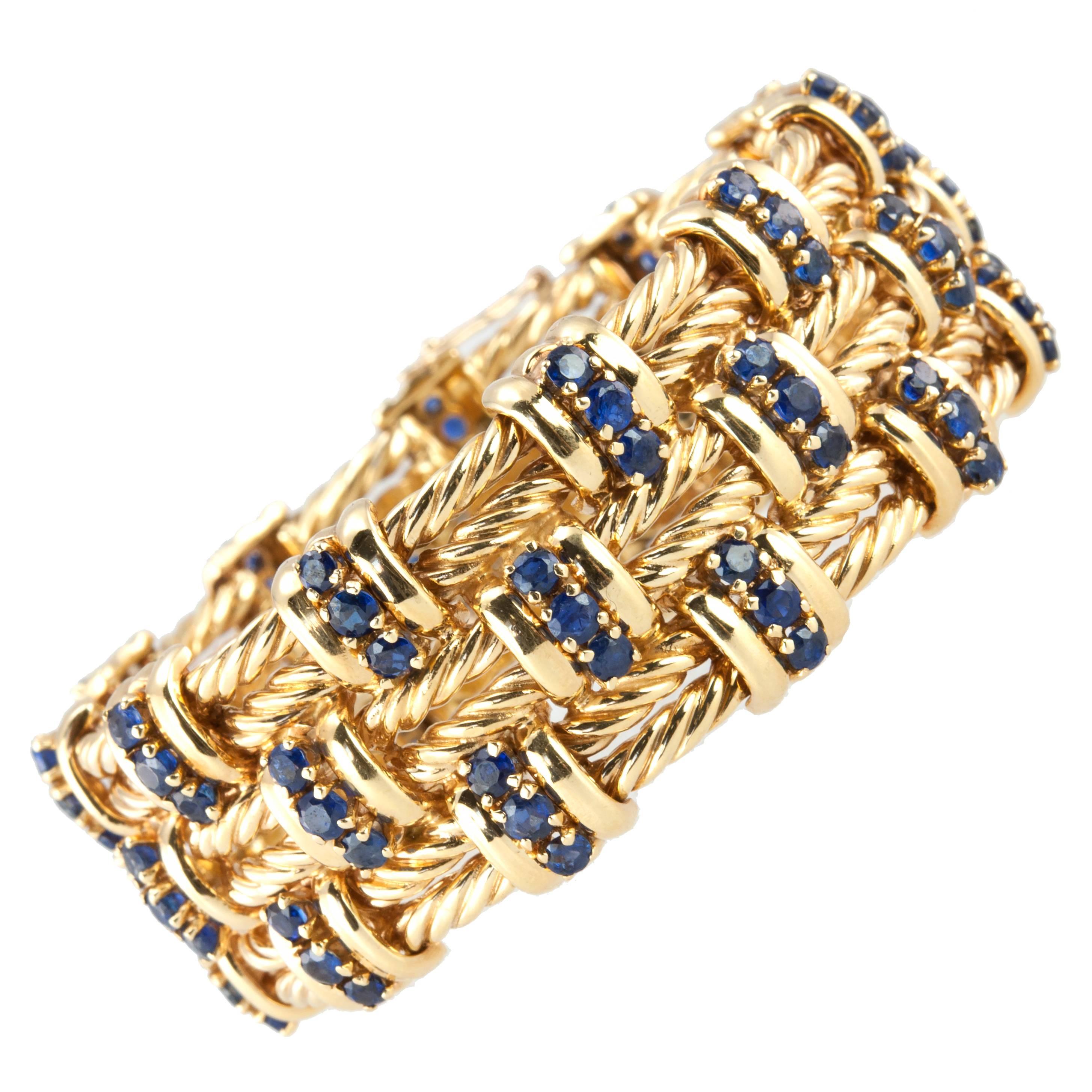 Sapphire and Gold Braided Wide Bracelet For Sale
