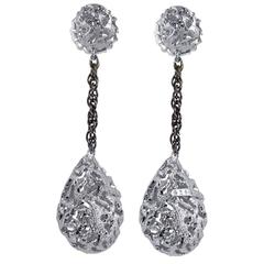 Sterling Silver Platinum Textured Drop Dangle Earrings Handmade in NYC Ltd Ed
