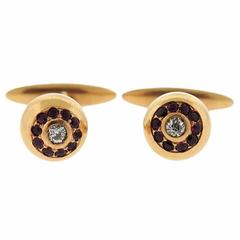 Antique Gold Diamond Red Stone Ball Cufflinks