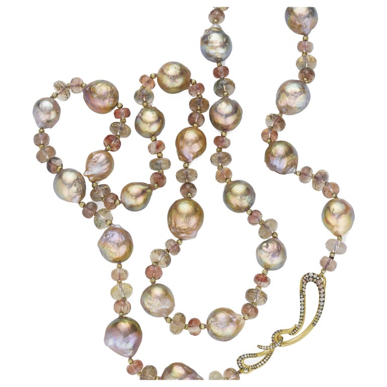 Naomi Sarna Pearl Sunstone Diamond Gold Necklace For Sale at 1stDibs