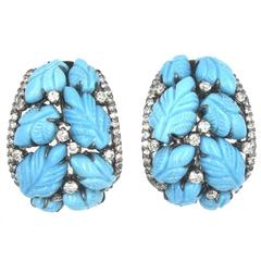 Carved Turquoise Diamond Gold Leaf Motif Earrings