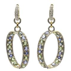 Modern Sapphire Diamond Gold Oval Hoop Drop Earrings 
