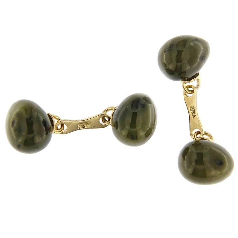 Jona Moss Agate Egg Shaped 18 Karat Yellow Gold Cufflinks For Sale at