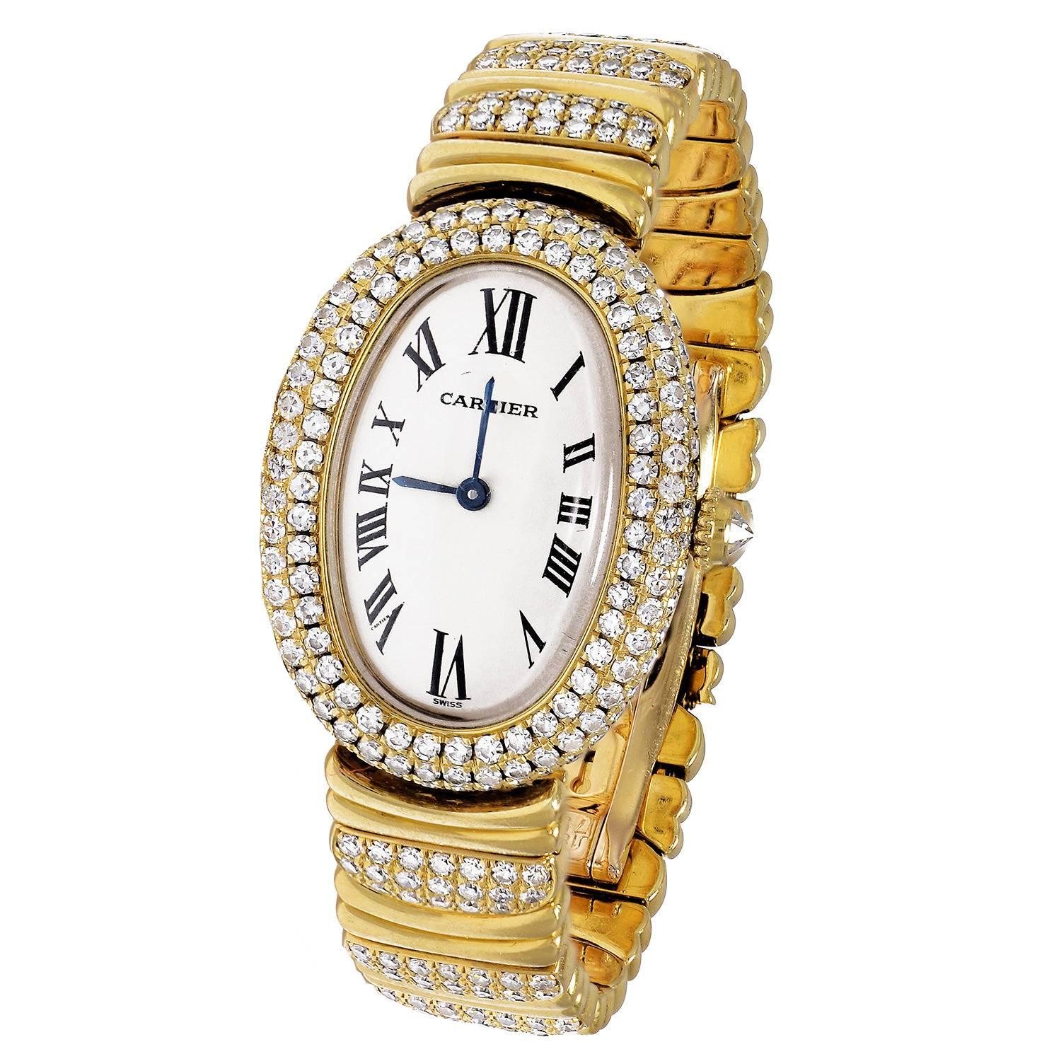 Cartier Lady's Yellow Gold Diamond Wristwatch For Sale