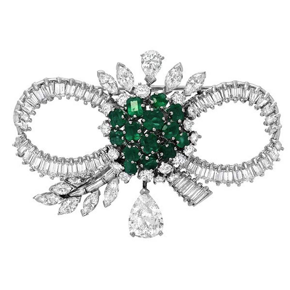 Mid-Century Emerald Diamond Platinum Bow Brooch For Sale