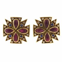 Verdura Rare Iconic Ruby Sapphire Diamond Gold Maltese Cross Earrings 5