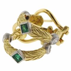 Buccellati Emerald Diamond Two Color Gold Hoop Earrings 4