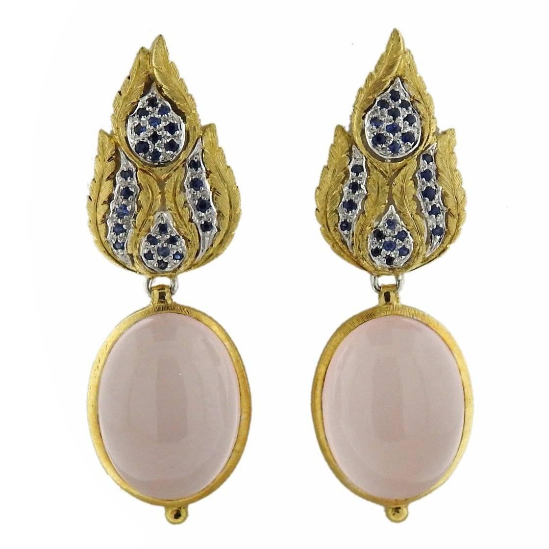 Buccellati Rose Quartz Sapphire Drop Two Color Gold Earrings For Sale