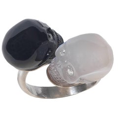Moonstone Onyx Diamond Platinum Cross over Skull Ring