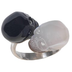 Moonstone Onyx Diamond Platinum Cross over Skull Ring 