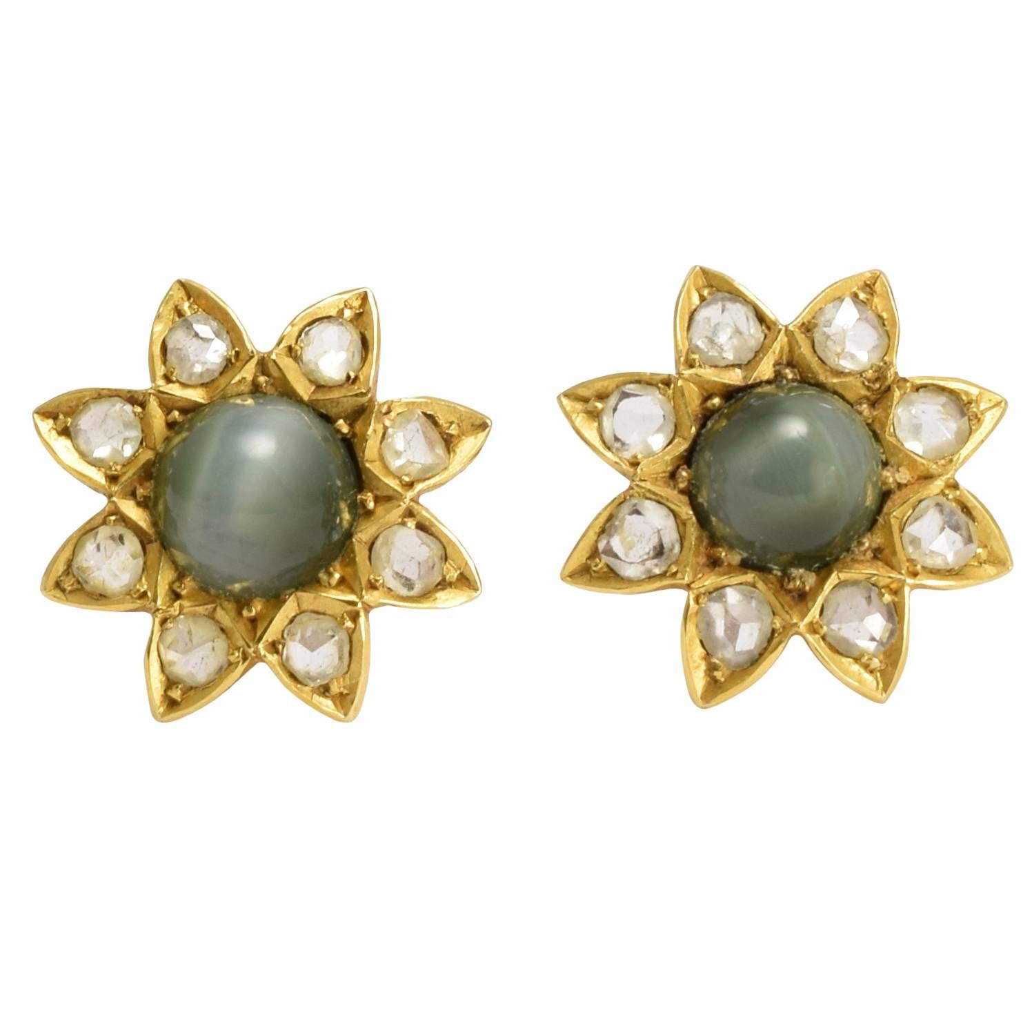 Victorian Cat’s Eye Diamond Flower Gold Stud Earrings